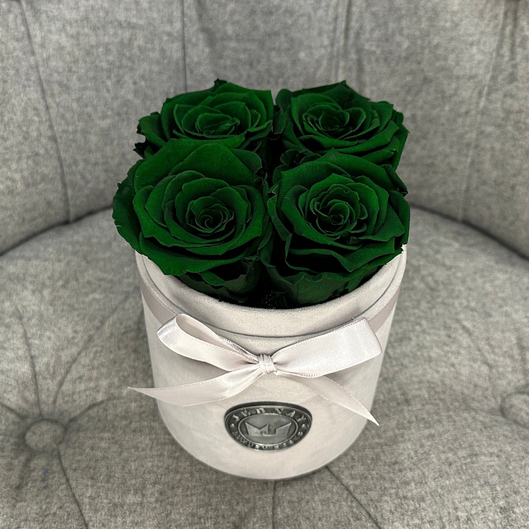 Petite Grey Suede Forever Rose Box - Deep Forest Green Eternal Roses - Jednay Roses