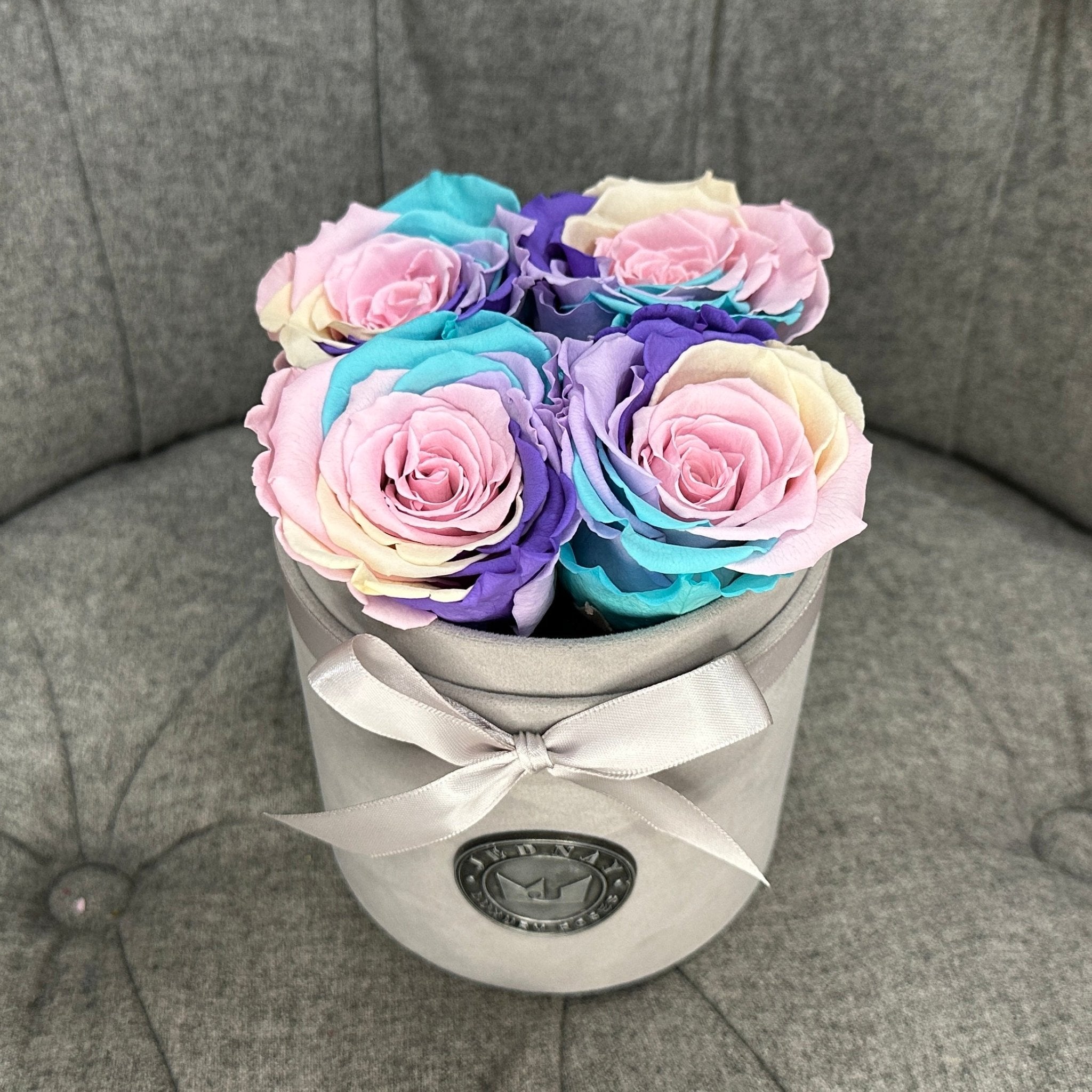 Petite Grey Suede Forever Rose Box - Over The Rainbow Eternal Roses - Jednay Roses
