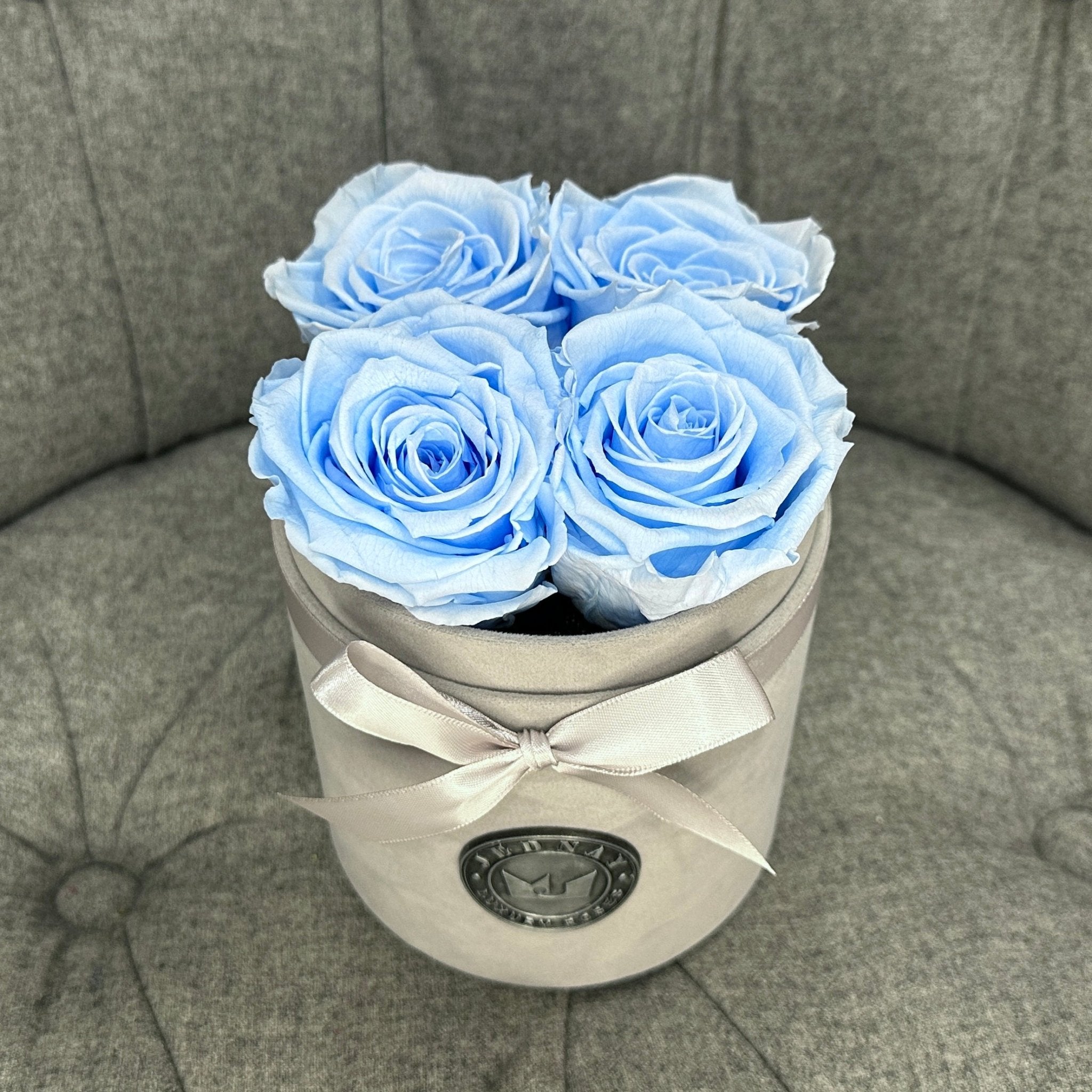 Petite Grey Suede Forever Rose Box - Sky Blue Eternal Roses - Jednay Roses