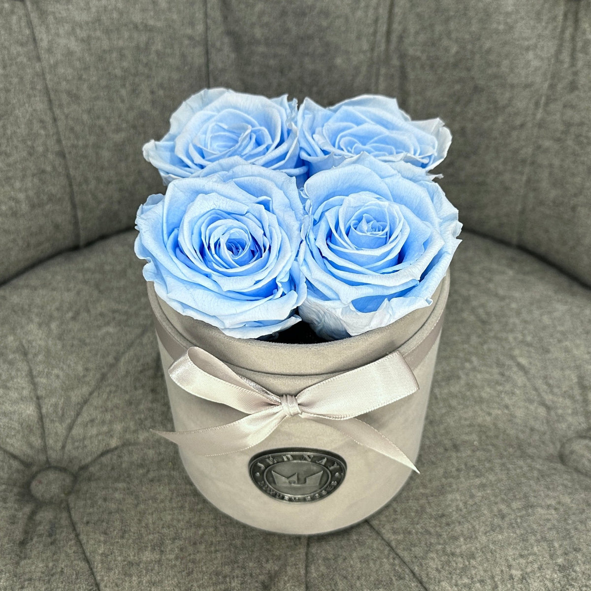 Sky Blue Eternal Roses | Small Grey Suede Forever Rose Box By Jednay