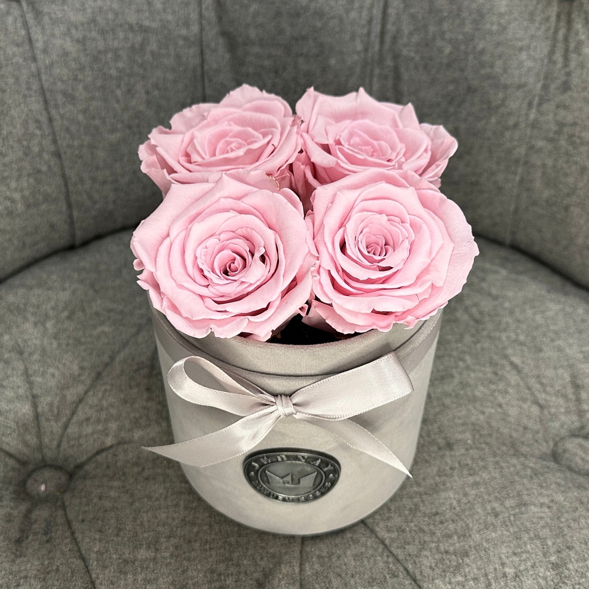 Petite Grey Suede Forever Rose Box - Soft Pink Eternal Roses - Jednay Roses
