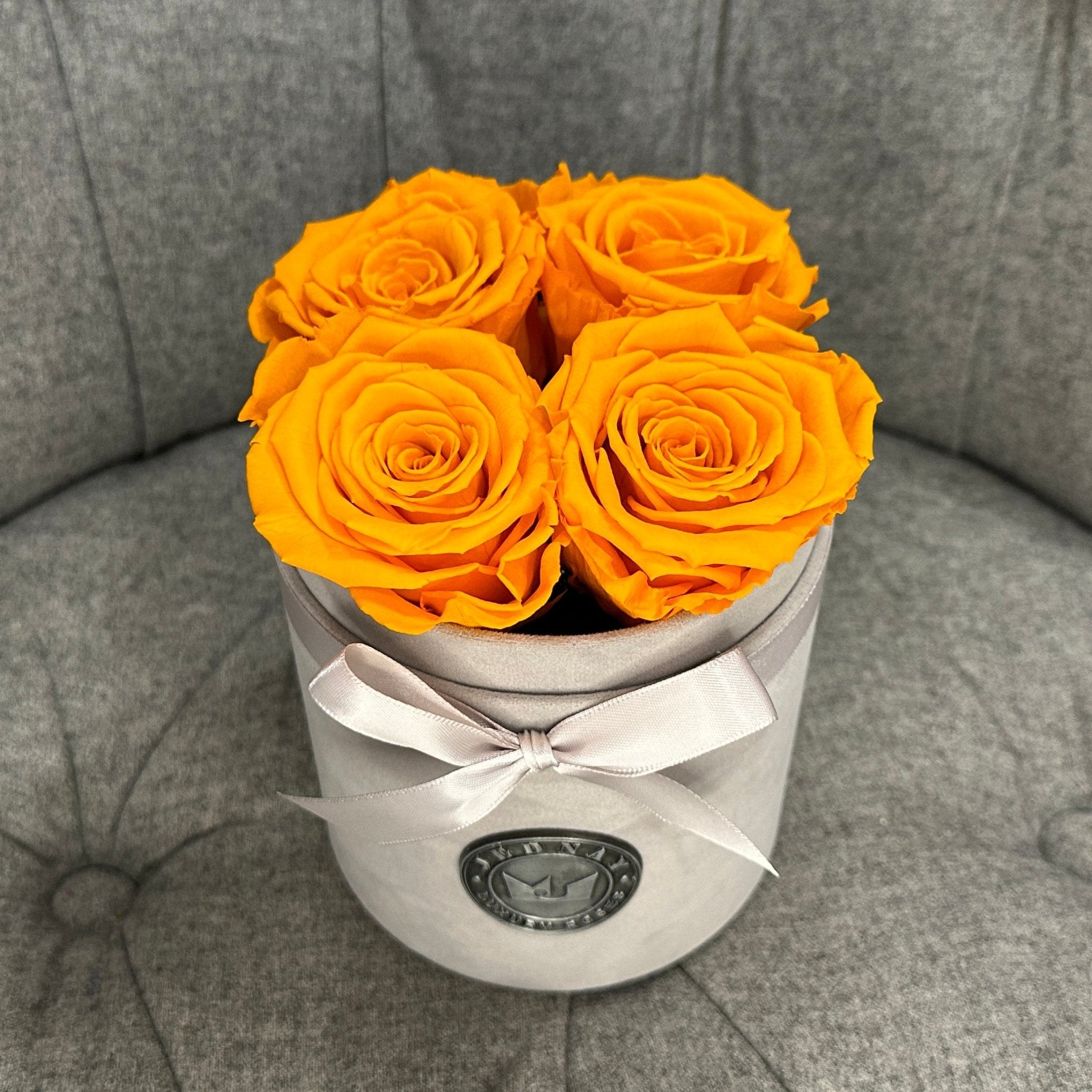 Petite Grey Suede Forever Rose Box - Sunset Orange Eternal Roses - Jednay Roses