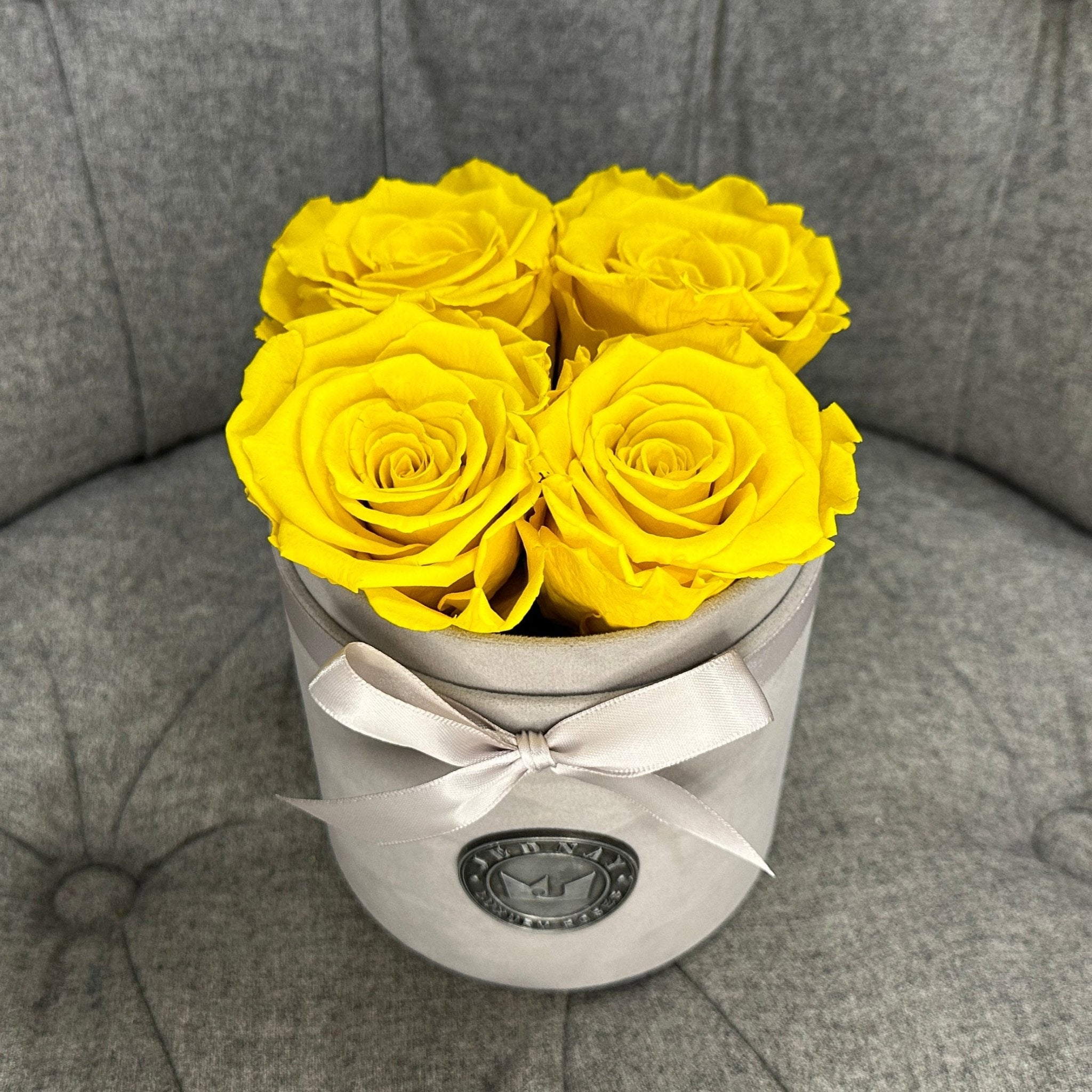 Petite Grey Suede Forever Rose Box - Sunshine Yellow Eternal Roses - Jednay Roses