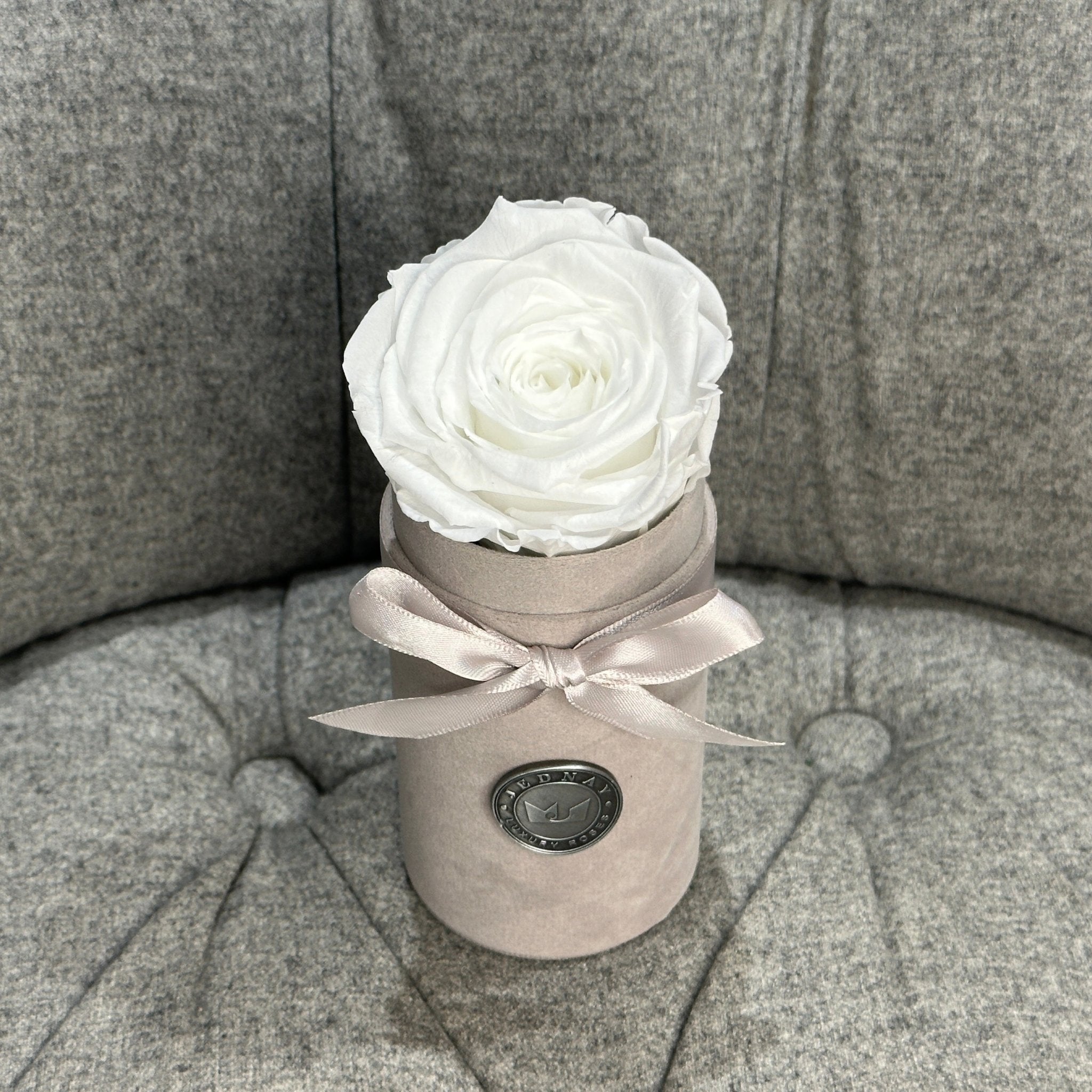 Single Grey Suede Forever Rose Box - Angel White Eternal Rose - Jednay Roses