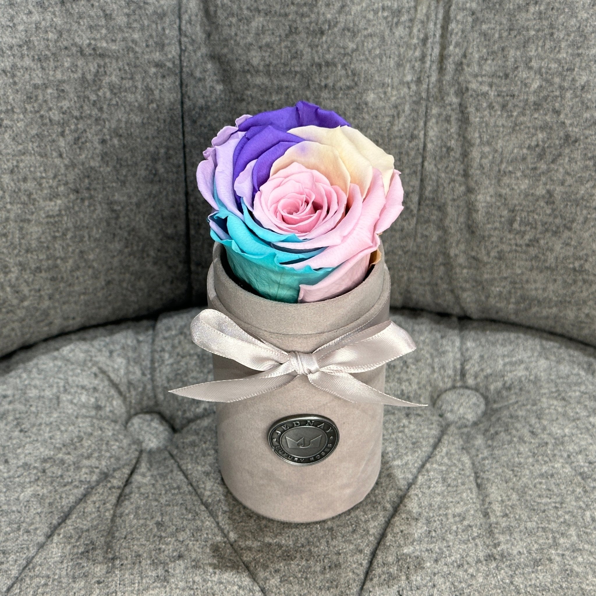 Single Grey Suede Forever Rose Box - Over The Rainbow Eternal Rose - Jednay Roses