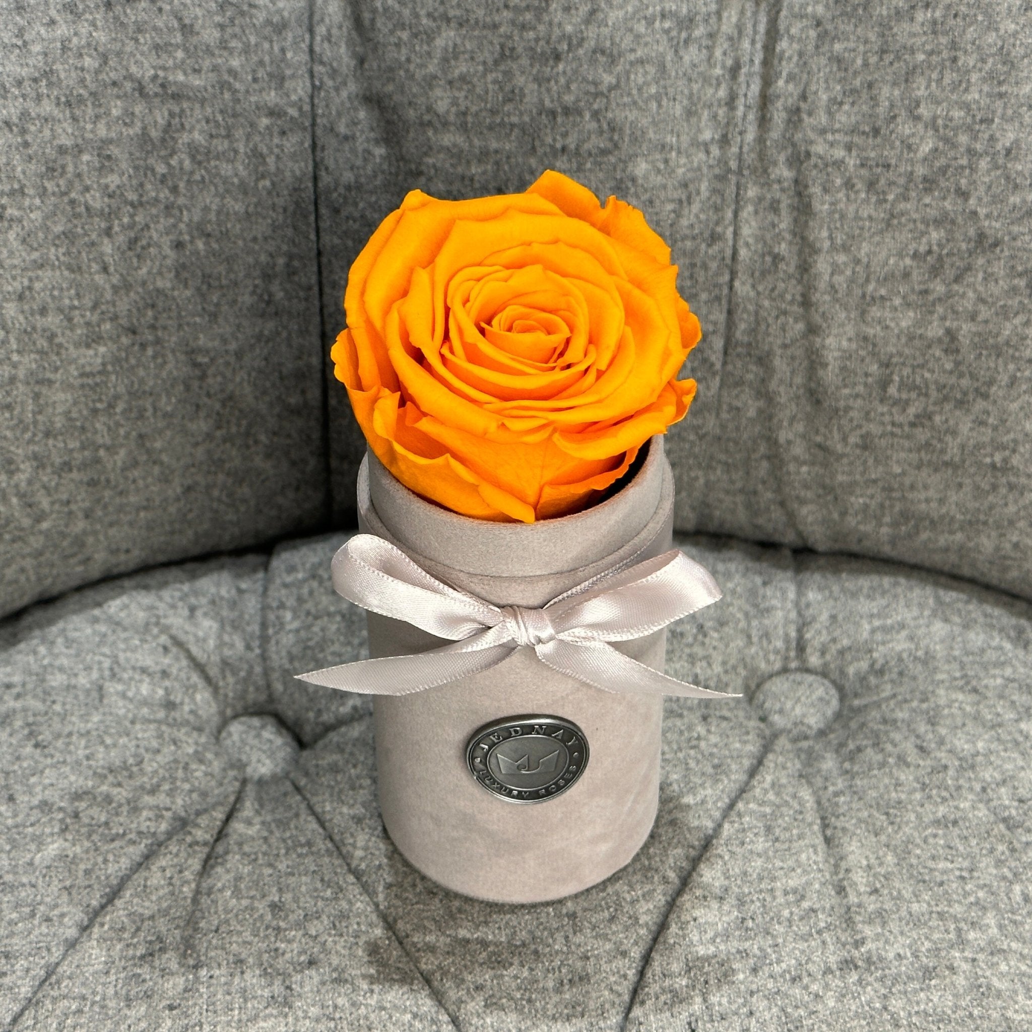 Single Grey Suede Forever Rose Box - Sunset Orange Eternal Rose - Jednay Roses