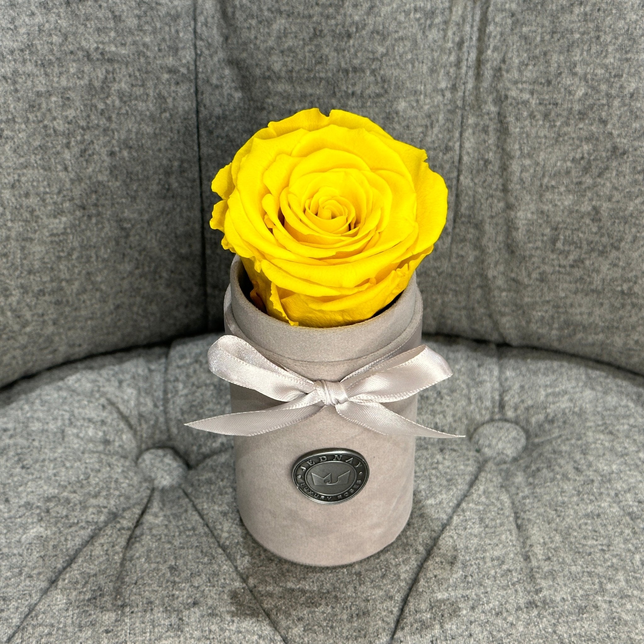 Single Grey Suede Forever Rose Box - Sunshine Yellow Eternal Rose - Jednay Roses