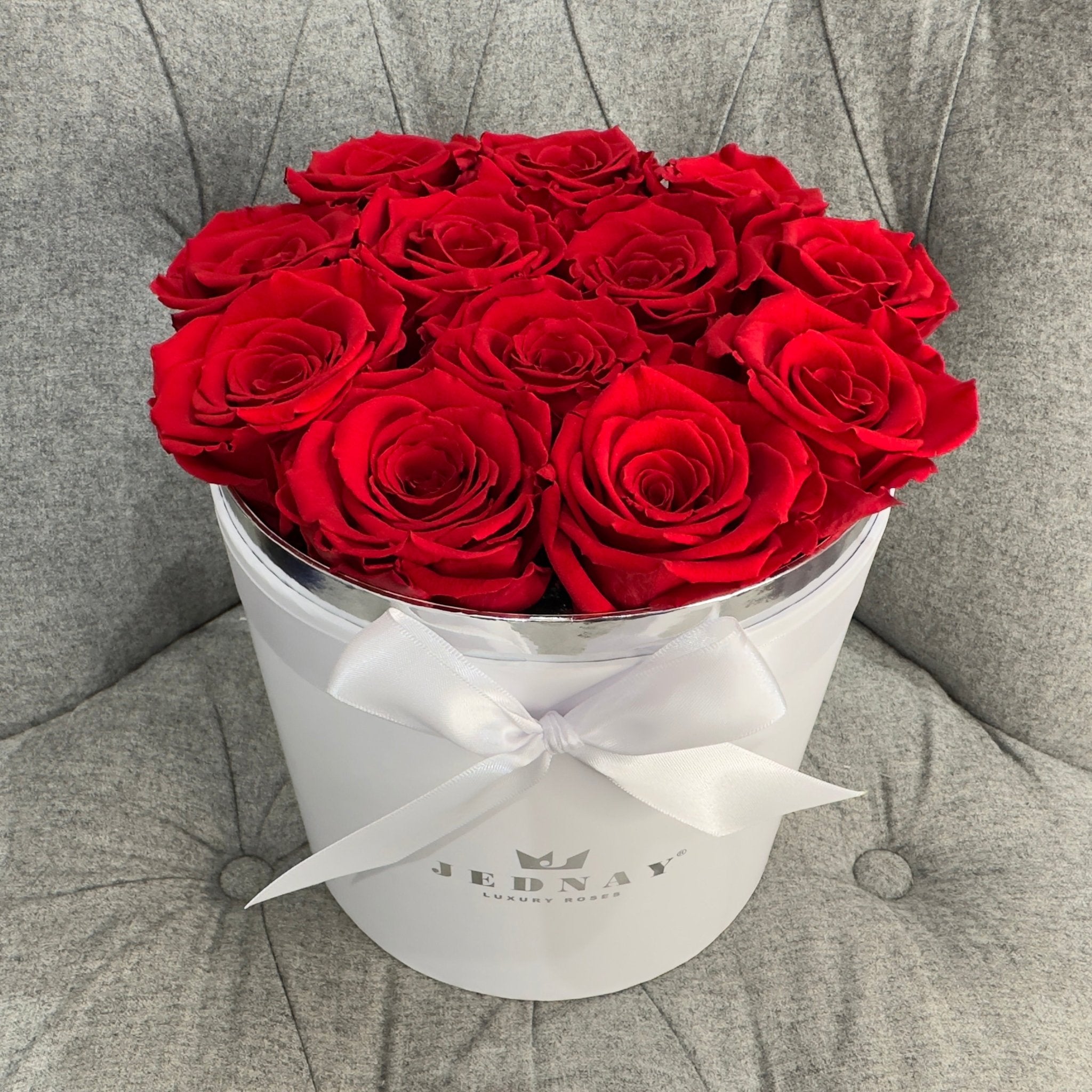 The Dozen - Classic Red Eternal Roses - White Box - Jednay Roses