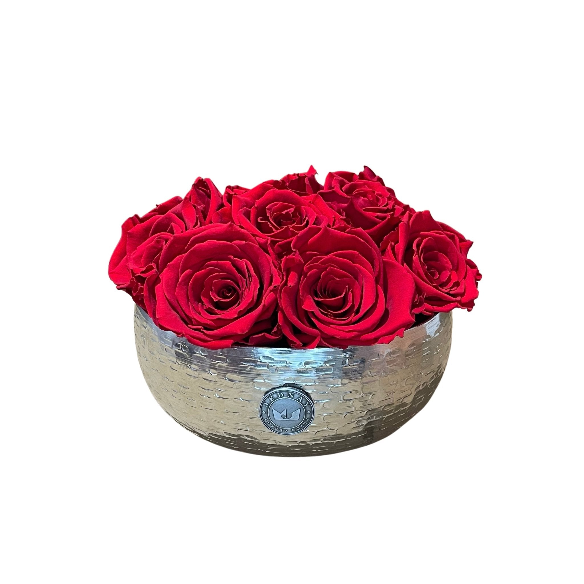 The Knightsbridge - Classic Red Forever Roses - Chrome Bowl - Jednay Roses