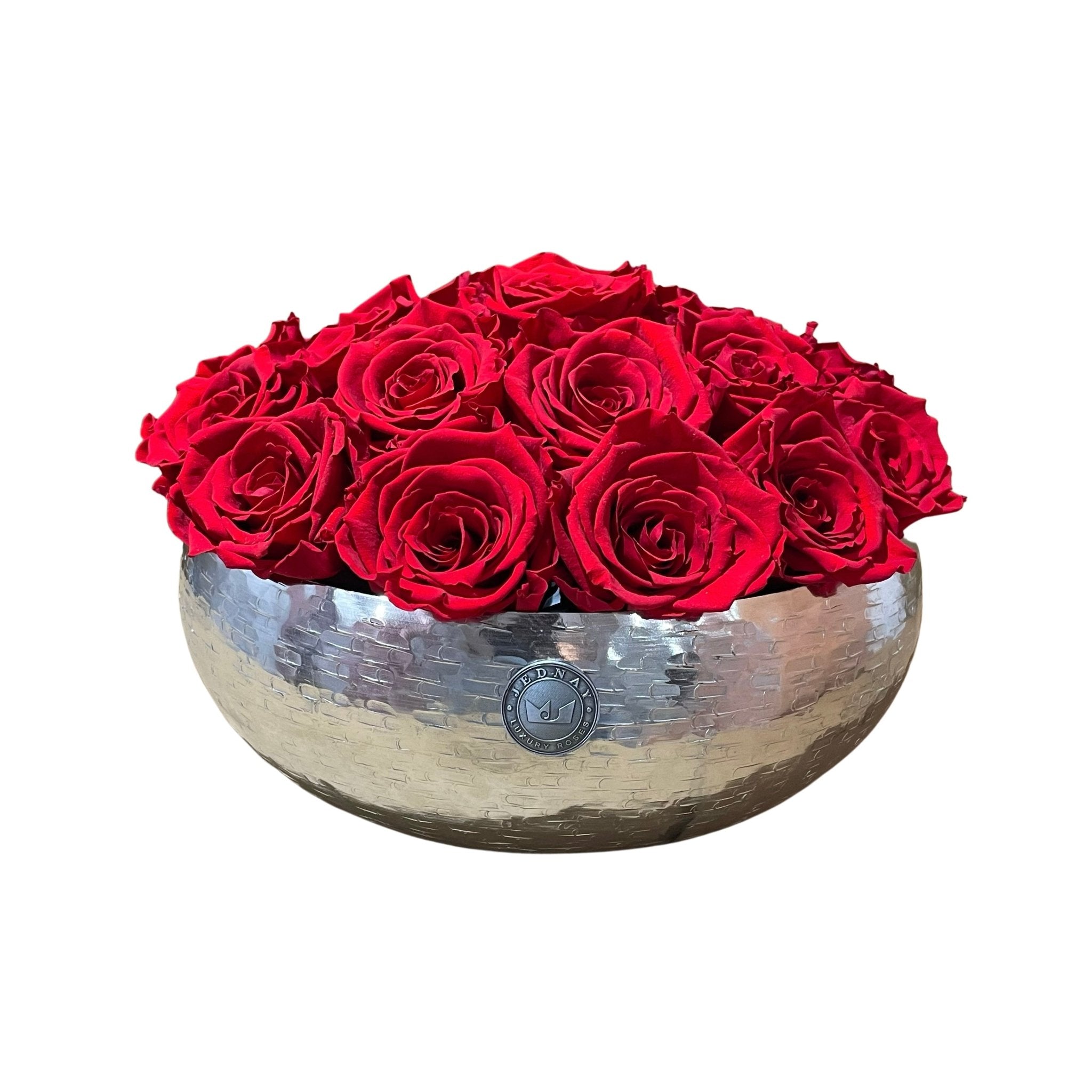 The Knightsbridge - Classic Red Forever Roses - Chrome Bowl - Jednay Roses