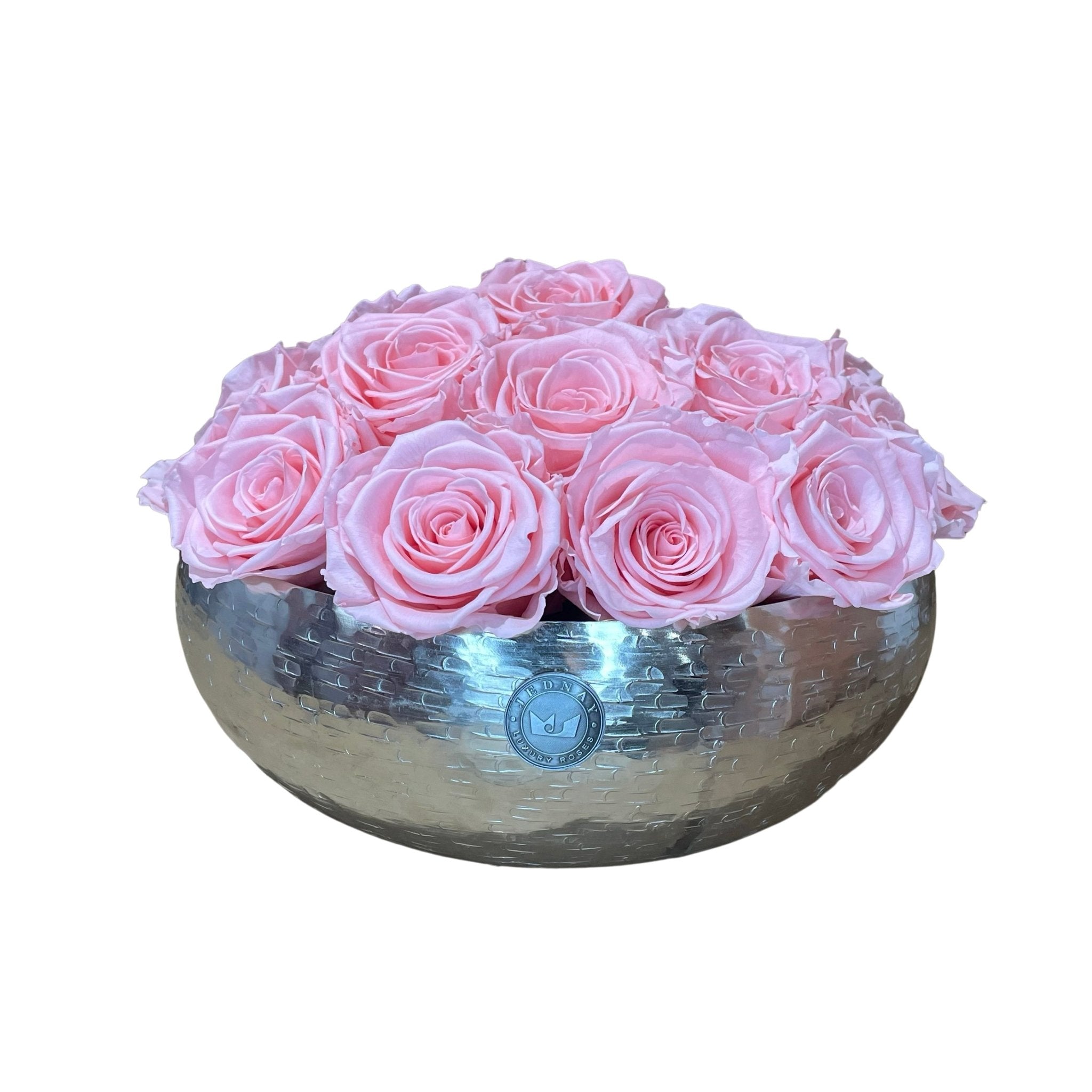 The Knightsbridge - Soft Pink Forever Roses - Chrome Bowl - Jednay Roses